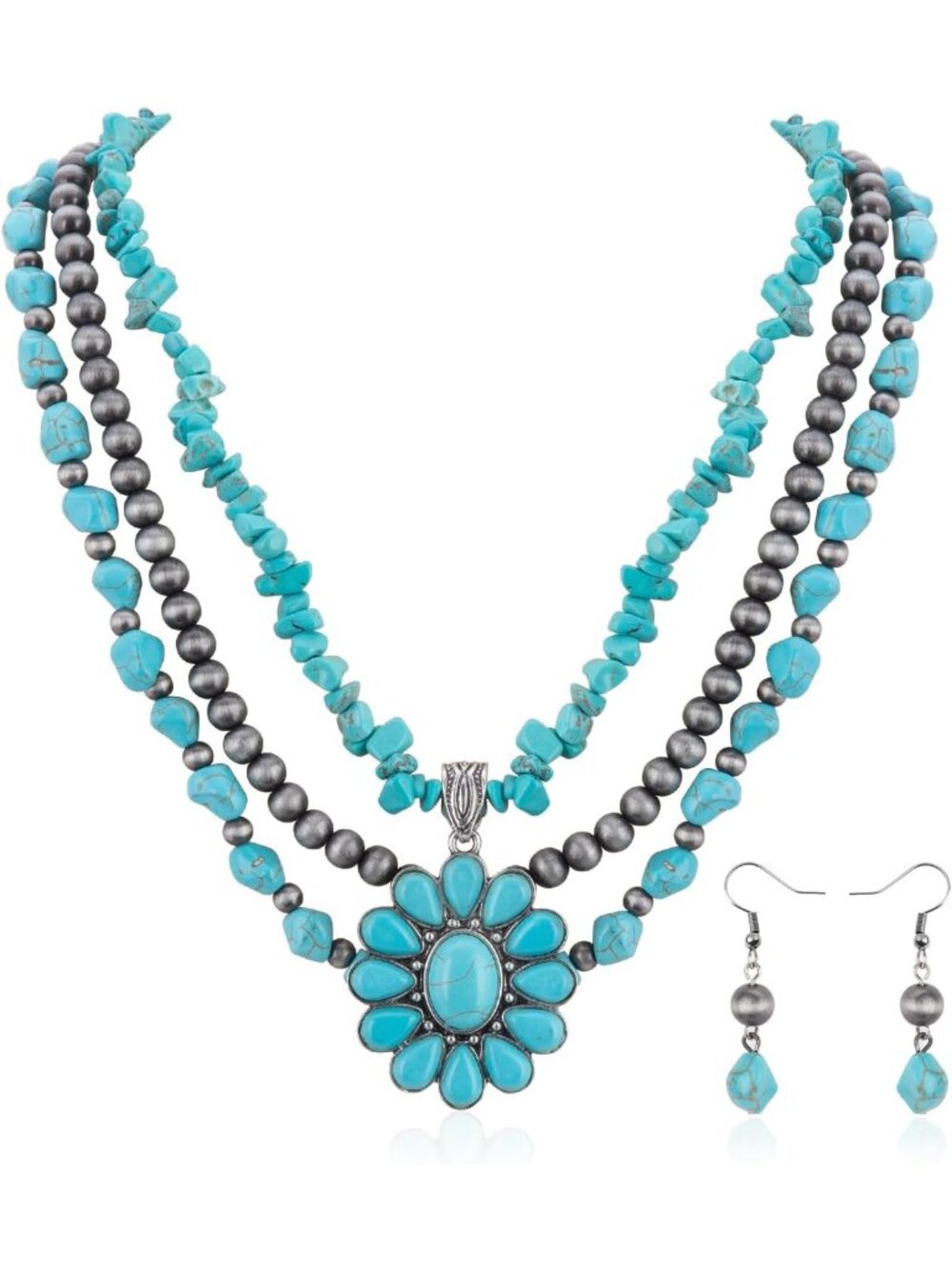 Turquoise Necklace & Dangle Earring Jewelry Set for Women - Boho Chic Style